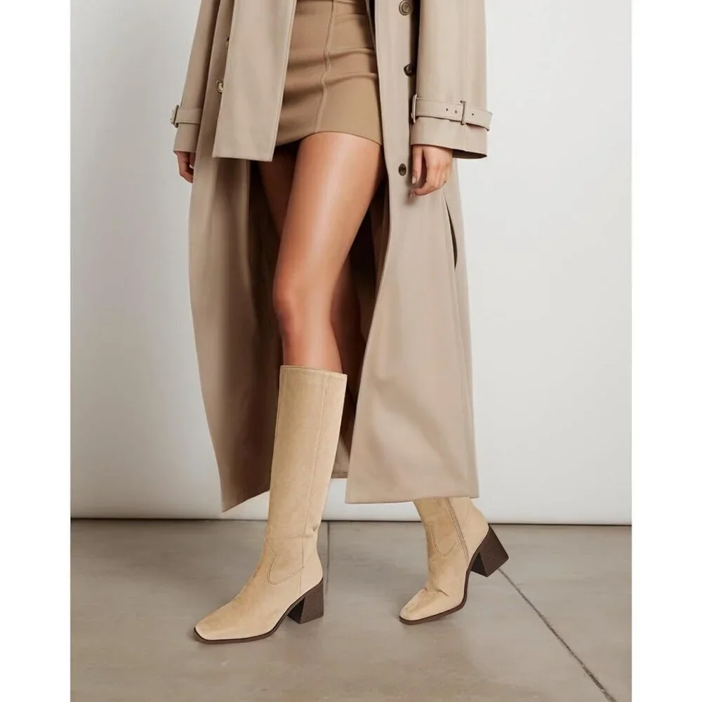 Women Nude Polyurethane Knee High Square Toe Side Zipper Block Heel Tall Boots